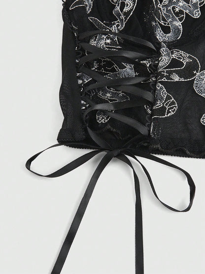 ROMWE Goth Bralette gótico con bordado de serpiente, cordones y arco interior
