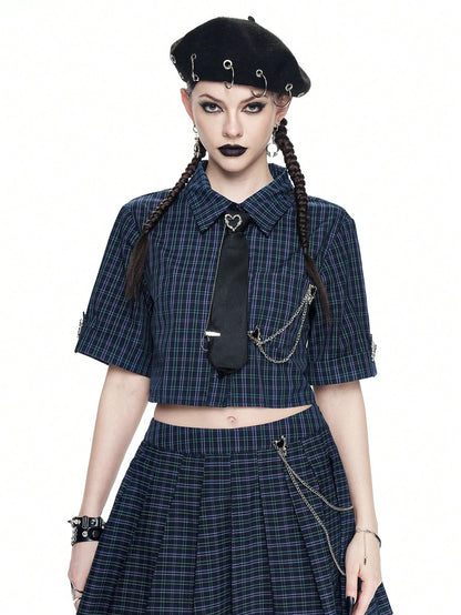 ROMWE Goth Camisa corta a cuadros con cadena metálica de estilo punk rock como decoración