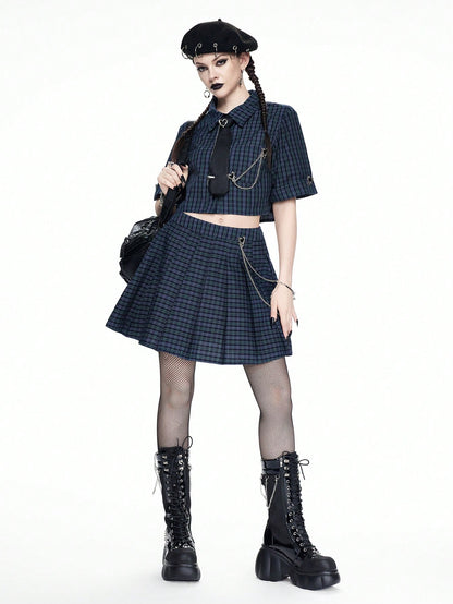 ROMWE Goth Camisa corta a cuadros con cadena metálica de estilo punk rock como decoración