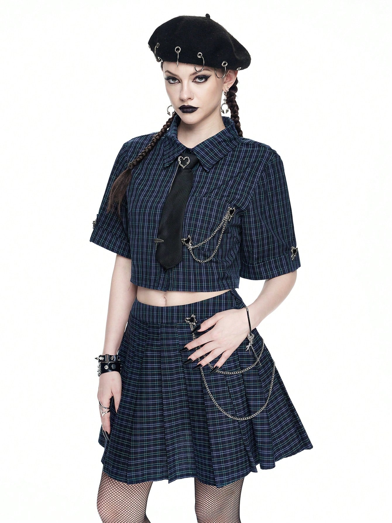 ROMWE Goth Camisa corta a cuadros con cadena metálica de estilo punk rock como decoración