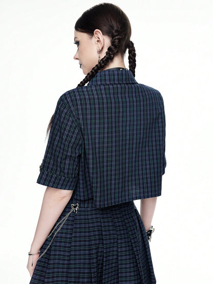 ROMWE Goth Camisa corta a cuadros con cadena metálica de estilo punk rock como decoración