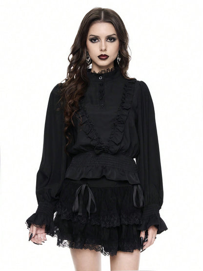 ROMWE Goth Camisa de mujer con mangas de farol, con volantes y estilo gótico/palaciego de vampiro
