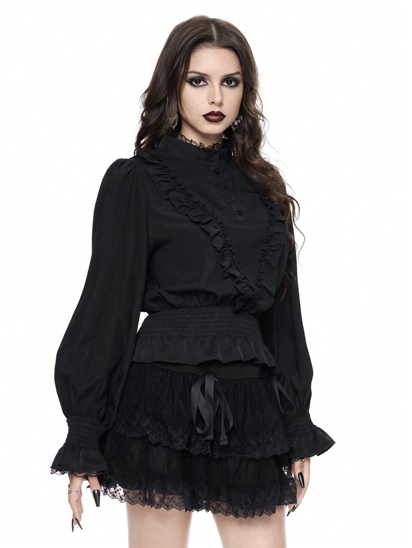 ROMWE Goth Camisa de mujer con mangas de farol, con volantes y estilo gótico/palaciego de vampiro