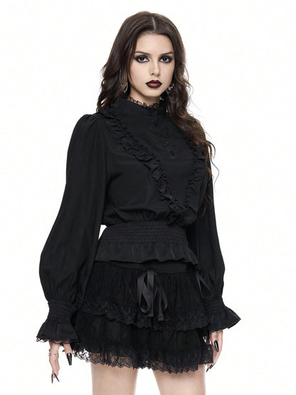 ROMWE Goth Camisa de mujer con mangas de farol, con volantes y estilo gótico/palaciego de vampiro