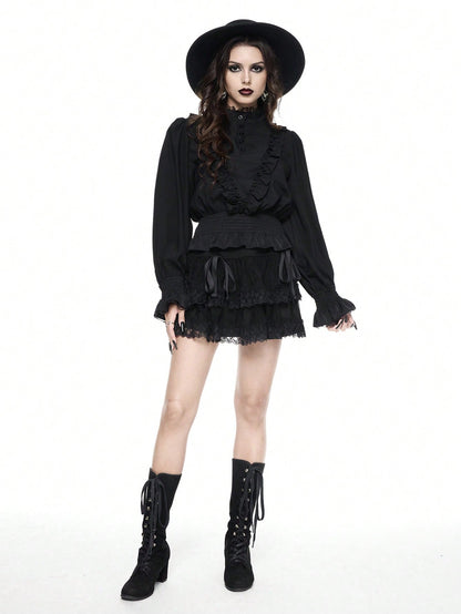 ROMWE Goth Camisa de mujer con mangas de farol, con volantes y estilo gótico/palaciego de vampiro