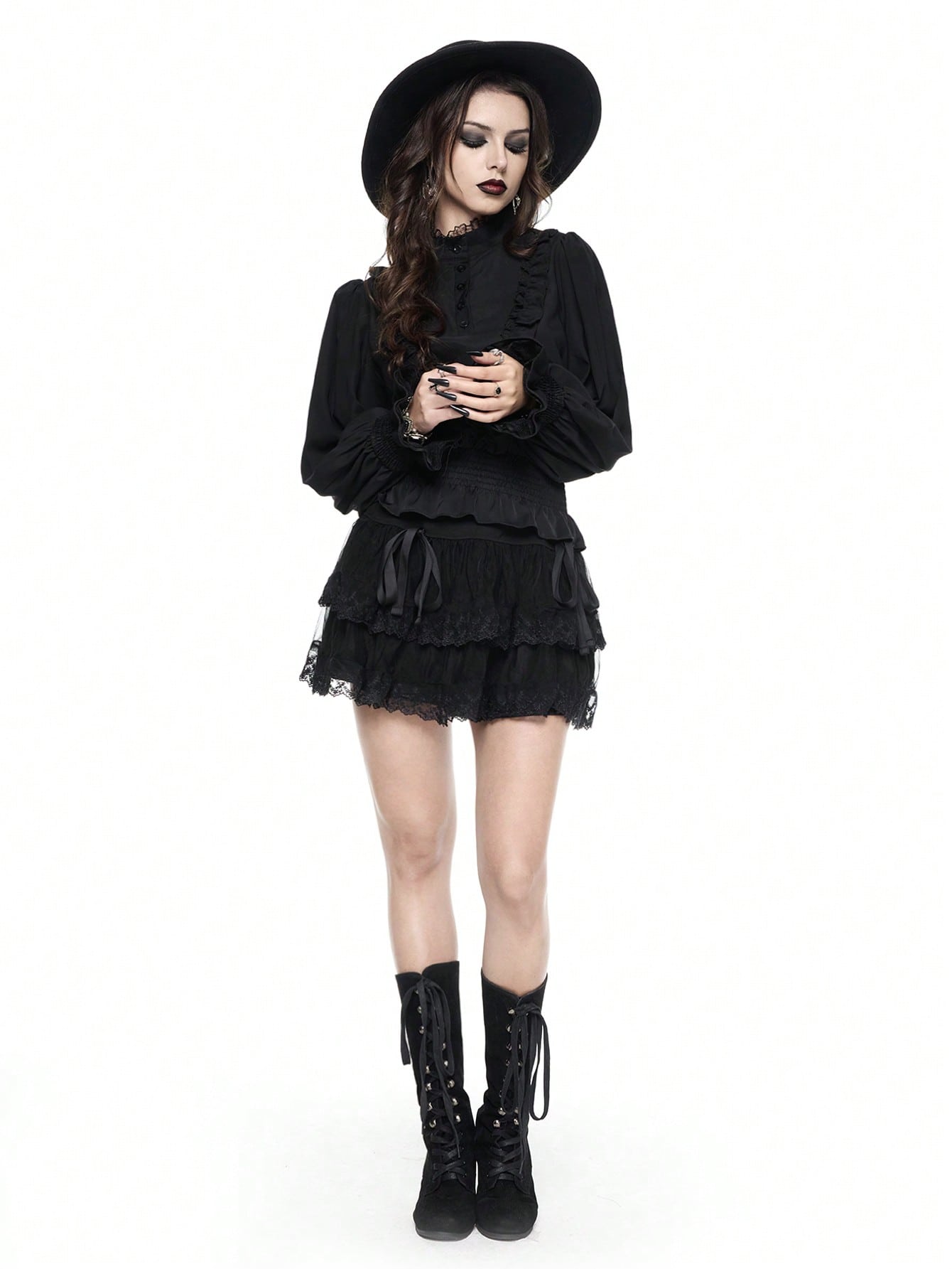 ROMWE Goth Camisa de mujer con mangas de farol, con volantes y estilo gótico/palaciego de vampiro