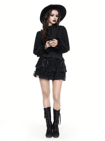 ROMWE Goth Camisa de mujer con mangas de farol, con volantes y estilo gótico/palaciego de vampiro
