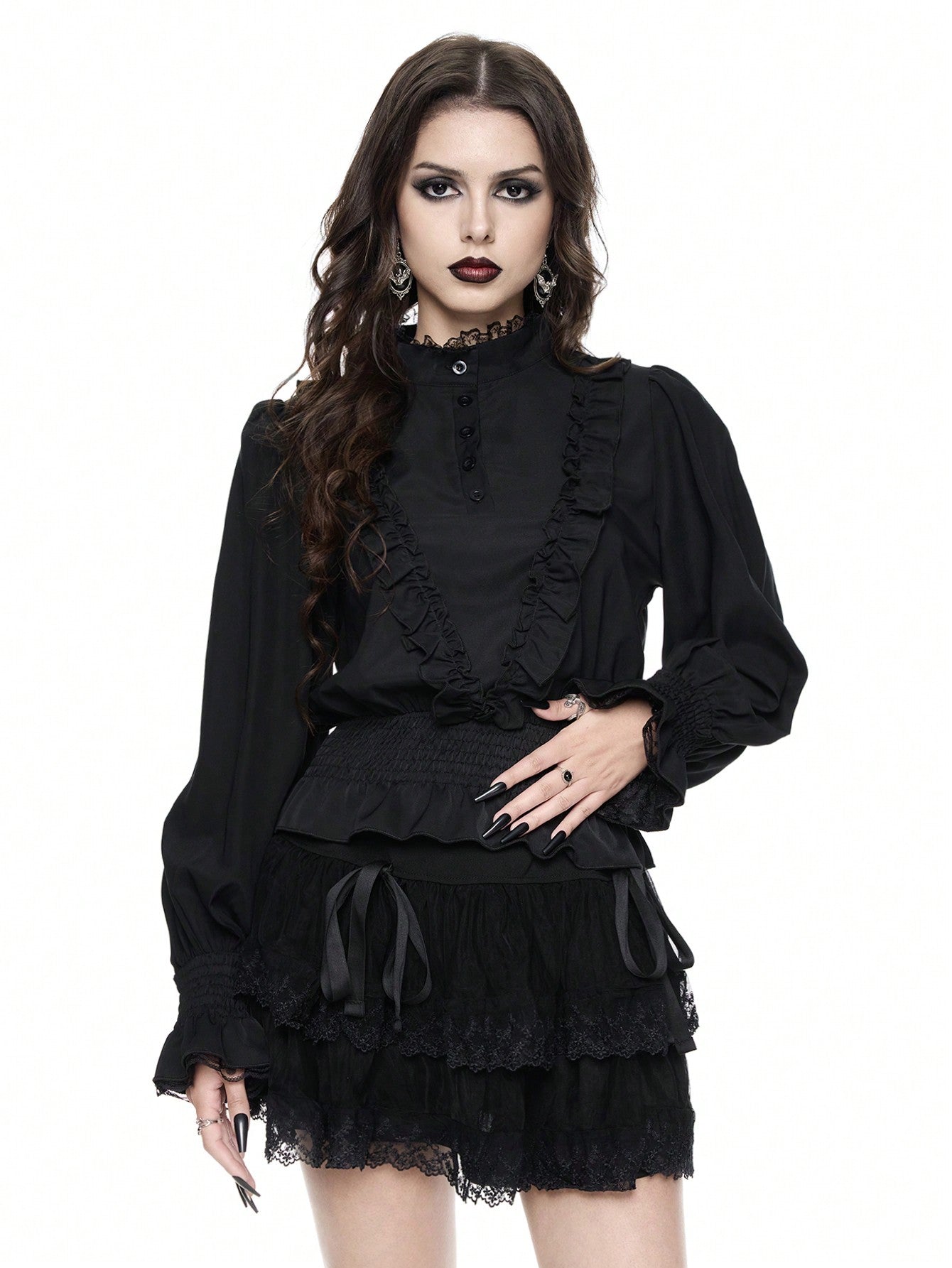 ROMWE Goth Camisa de mujer con mangas de farol, con volantes y estilo gótico/palaciego de vampiro