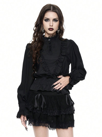 ROMWE Goth Camisa de mujer con mangas de farol, con volantes y estilo gótico/palaciego de vampiro