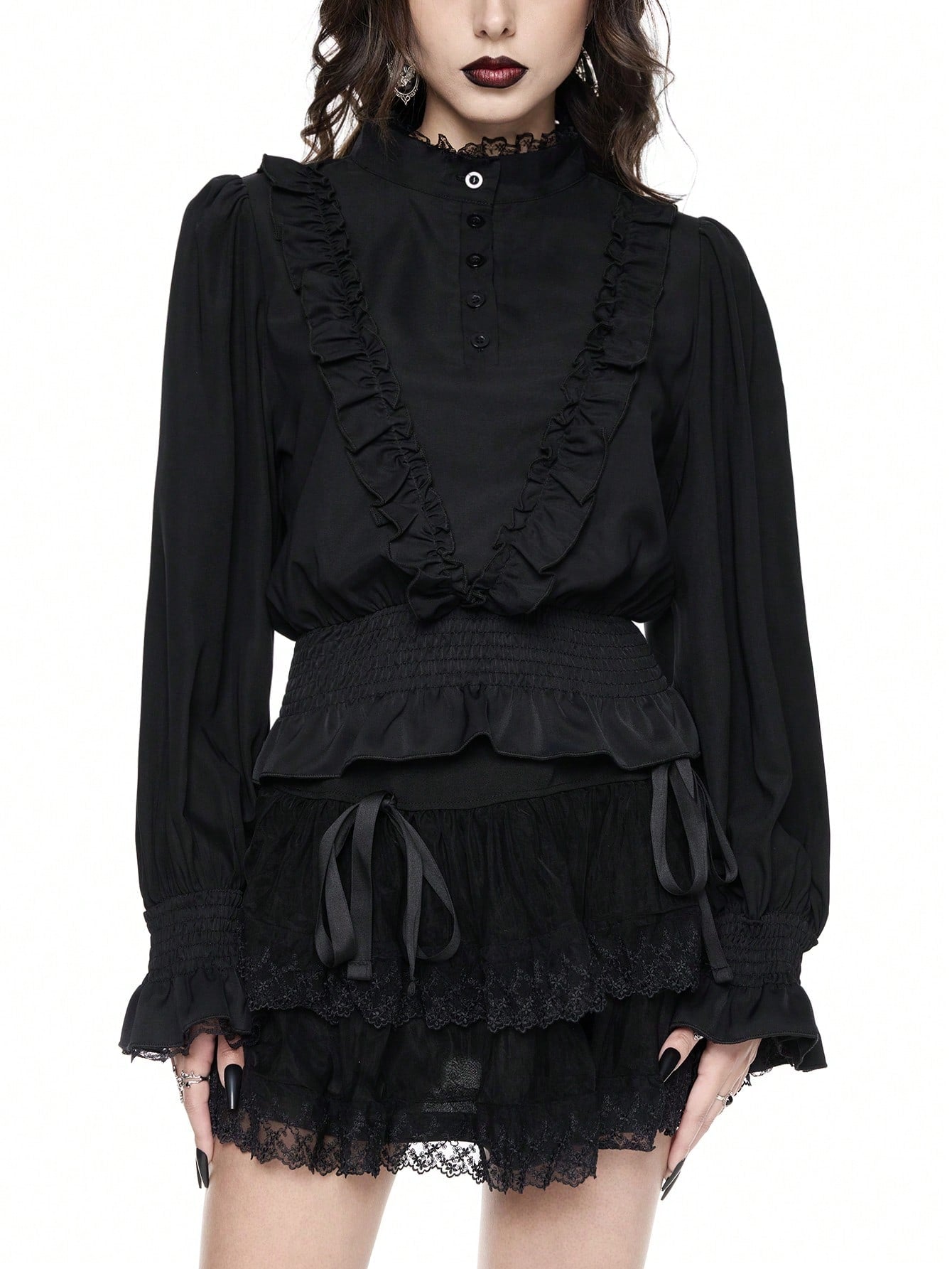 ROMWE Goth Camisa de mujer con mangas de farol, con volantes y estilo gótico/palaciego de vampiro
