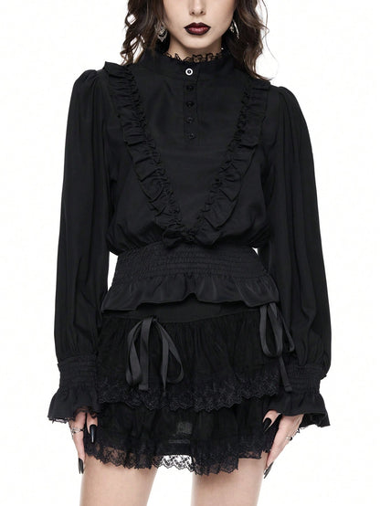 ROMWE Goth Camisa de mujer con mangas de farol, con volantes y estilo gótico/palaciego de vampiro