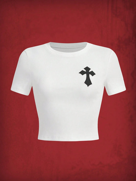 ROMWE Goth Camiseta Slim Fit de mujer con parche bordado cruzado para el verano