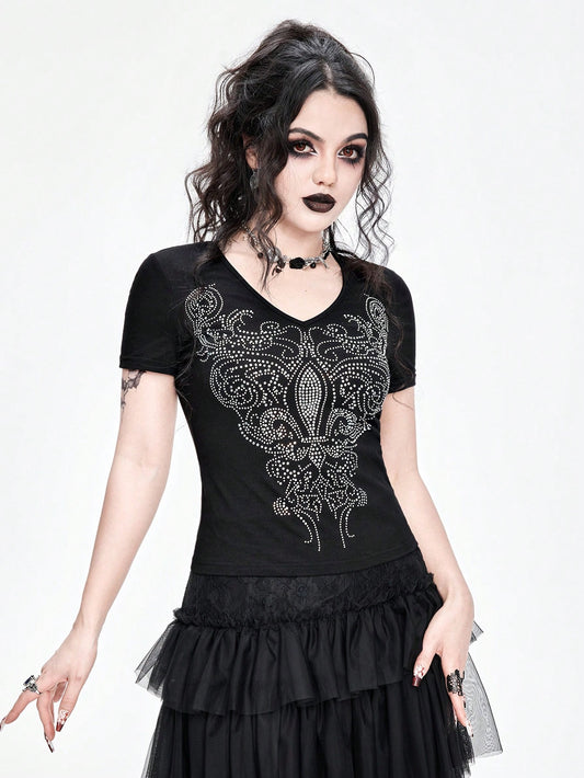 ROMWE Goth Camiseta ajustada de mujer con temática gótica de vampiro, adornada con pedrería multicolor