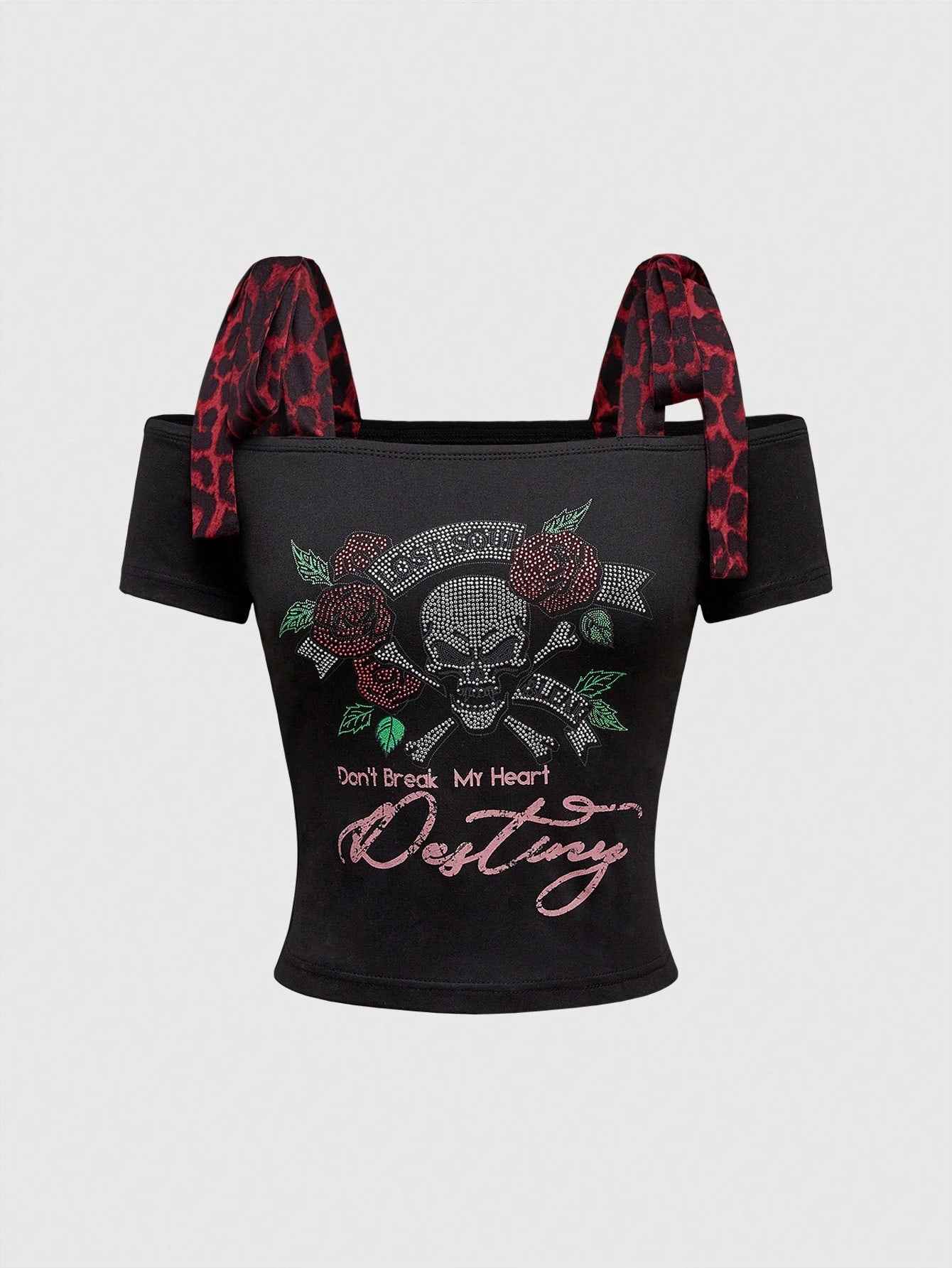 ROMWE Goth Camiseta con estampado de leopardo rojo del milenio Y2K, empalme con lazo, calavera y rosas con rhinestones