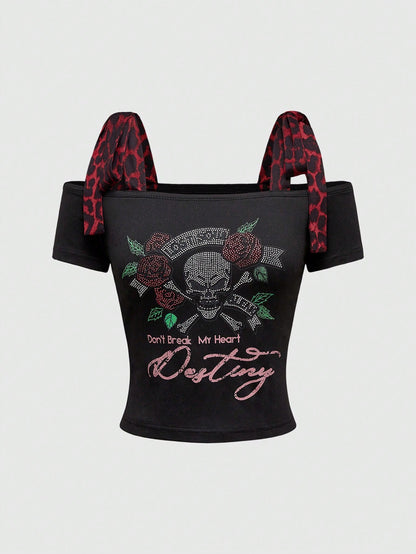 ROMWE Goth Camiseta con estampado de leopardo rojo del milenio Y2K, empalme con lazo, calavera y rosas con rhinestones