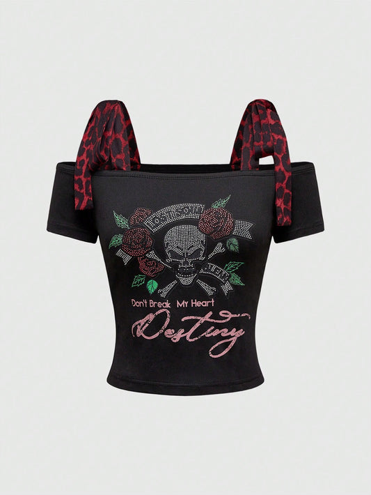 ROMWE Goth Camiseta con estampado de leopardo rojo del milenio Y2K, empalme con lazo, calavera y rosas con rhinestones