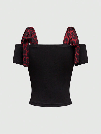 ROMWE Goth Camiseta con estampado de leopardo rojo del milenio Y2K, empalme con lazo, calavera y rosas con rhinestones