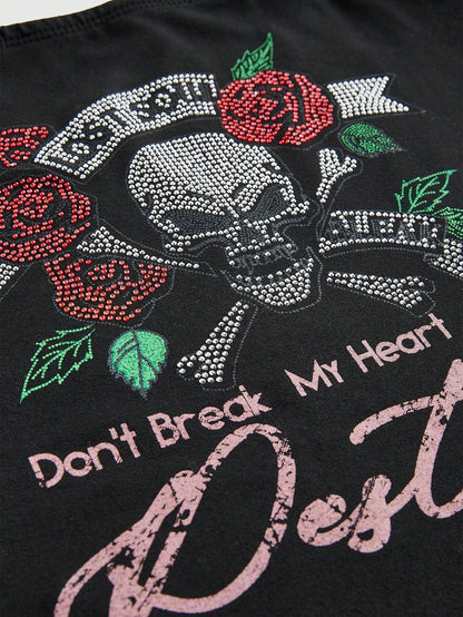 ROMWE Goth Camiseta con estampado de leopardo rojo del milenio Y2K, empalme con lazo, calavera y rosas con rhinestones