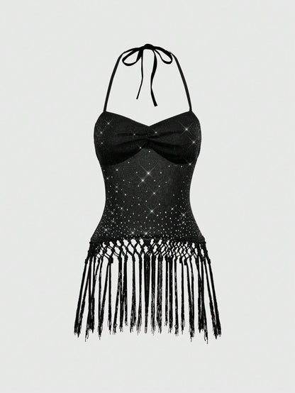 ROMWE Goth Camiseta de tirantes finos con espalda descubierta, de malla y con aplicaciones de strass, de estilo vintage y sexy, ideal para vacaciones