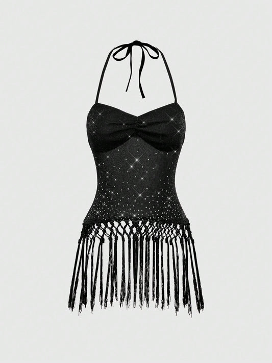 ROMWE Goth Camiseta de tirantes finos con espalda descubierta, de malla y con aplicaciones de strass, de estilo vintage y sexy, ideal para vacaciones