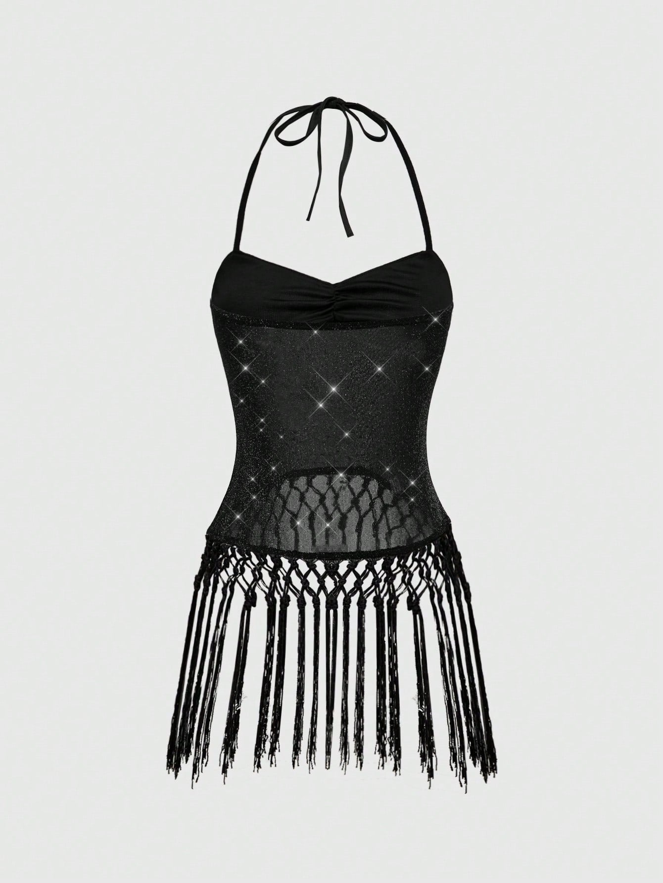 ROMWE Goth Camiseta de tirantes finos con espalda descubierta, de malla y con aplicaciones de strass, de estilo vintage y sexy, ideal para vacaciones