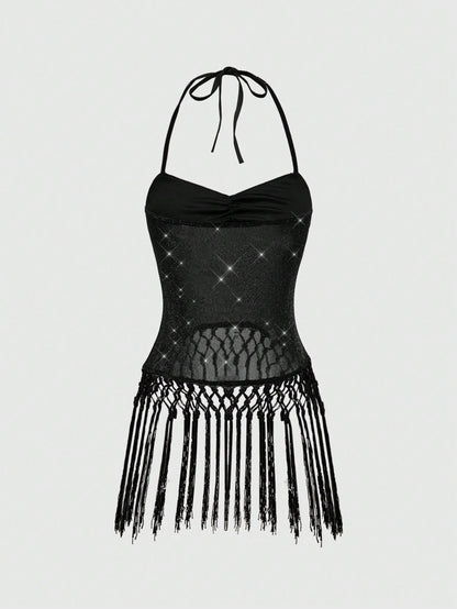 ROMWE Goth Camiseta de tirantes finos con espalda descubierta, de malla y con aplicaciones de strass, de estilo vintage y sexy, ideal para vacaciones