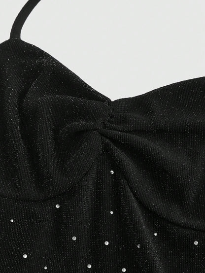 ROMWE Goth Camiseta de tirantes finos con espalda descubierta, de malla y con aplicaciones de strass, de estilo vintage y sexy, ideal para vacaciones