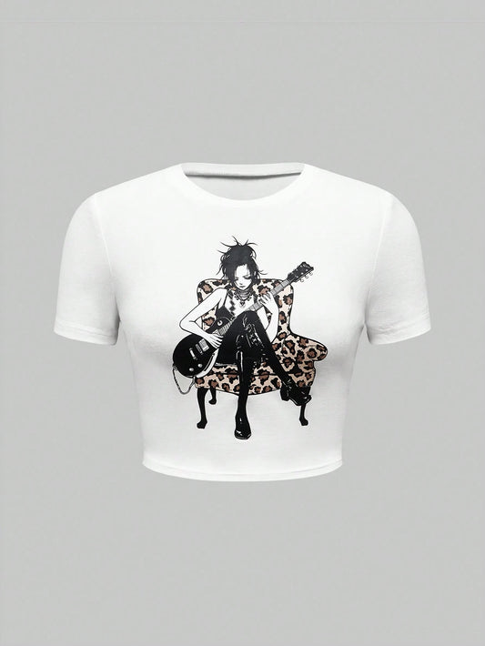 ROMWE Goth Camiseta informal de manga corta y cuello redondo con estampado de leopardo y gráfico de banda de chica de tendencia para mujer