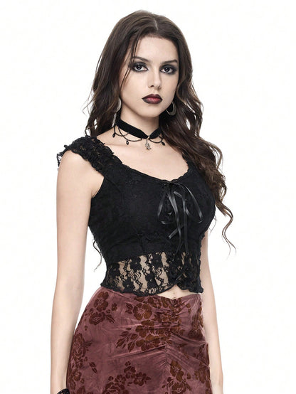ROMWE Goth Camiseta sin tirantes ceñida con encaje para mujer