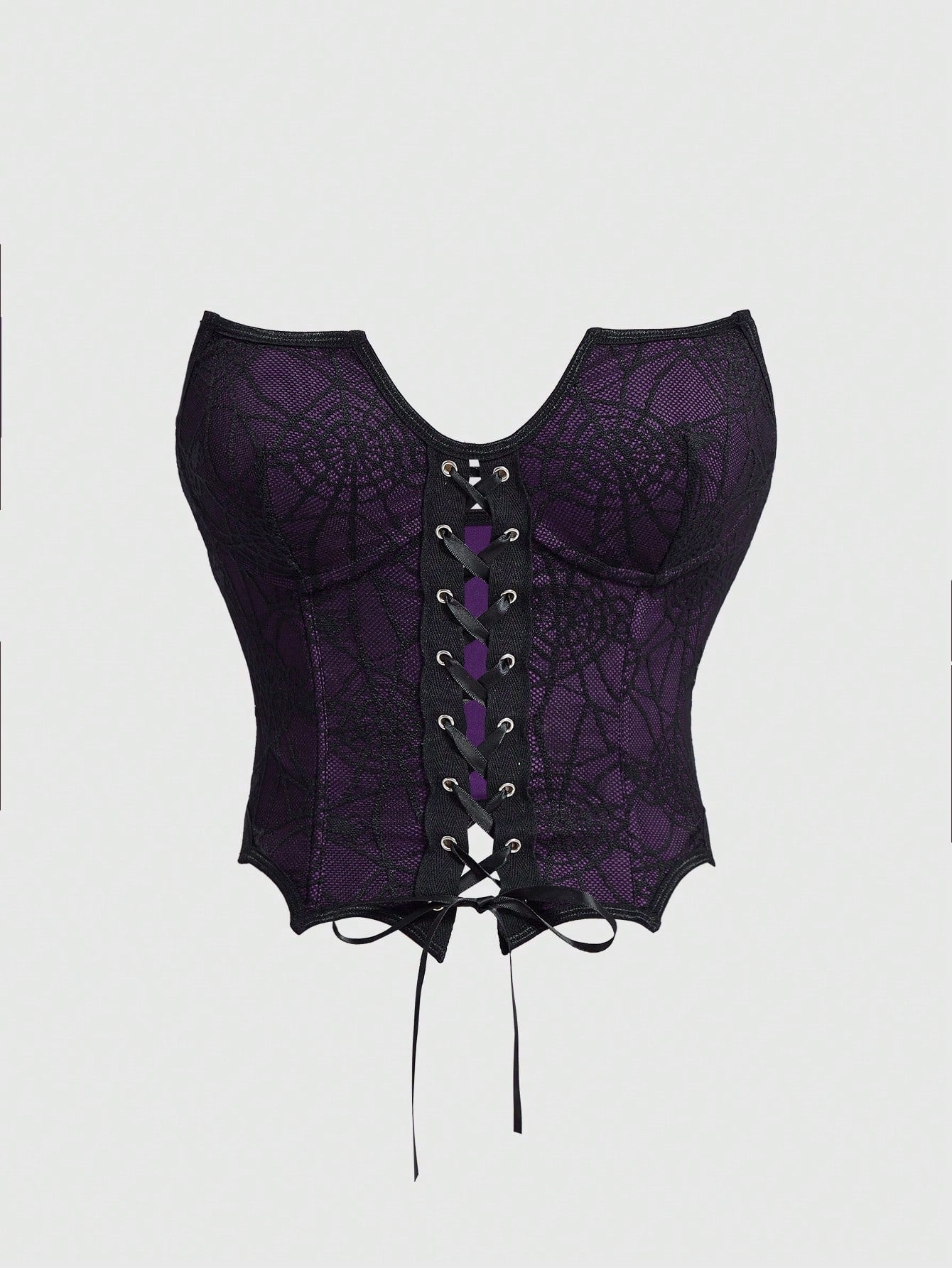 ROMWE Goth Camiseta sin tirantes para mujer con diseño de cuello de murciélago de encaje de telaraña gótico oscuro