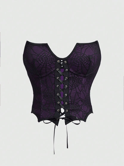 ROMWE Goth Camiseta sin tirantes para mujer con diseño de cuello de murciélago de encaje de telaraña gótico oscuro