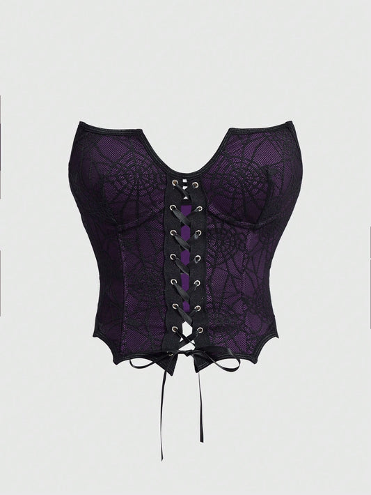 ROMWE Goth Camiseta sin tirantes para mujer con diseño de cuello de murciélago de encaje de telaraña gótico oscuro