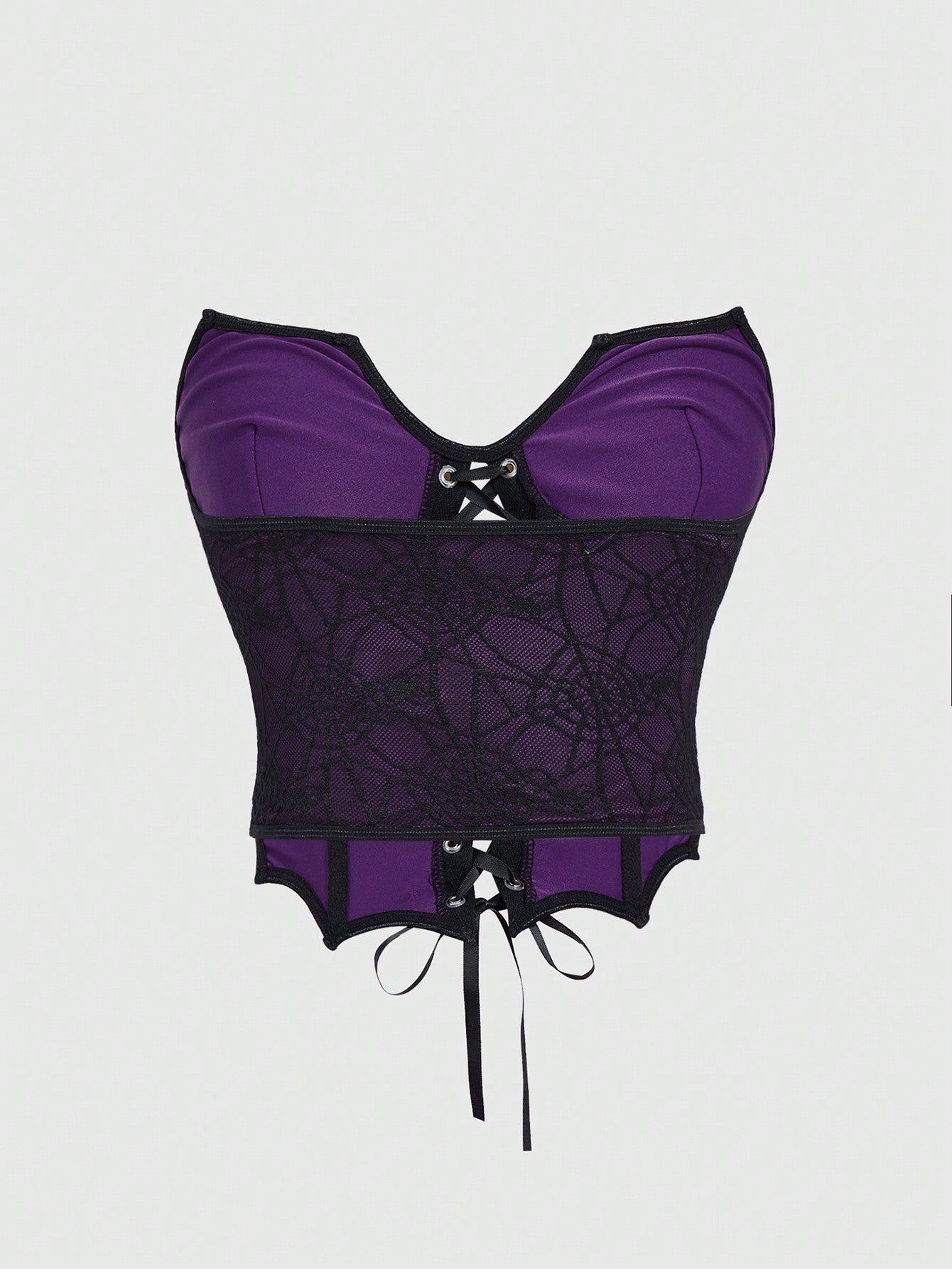 ROMWE Goth Camiseta sin tirantes para mujer con diseño de cuello de murciélago de encaje de telaraña gótico oscuro