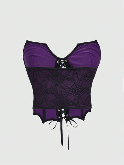 ROMWE Goth Camiseta sin tirantes para mujer con diseño de cuello de murciélago de encaje de telaraña gótico oscuro