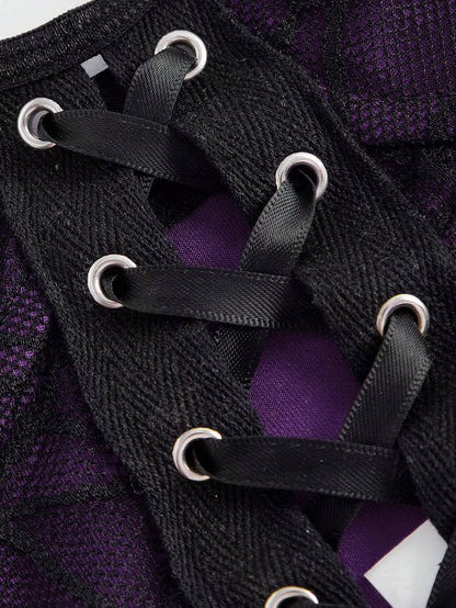 ROMWE Goth Camiseta sin tirantes para mujer con diseño de cuello de murciélago de encaje de telaraña gótico oscuro