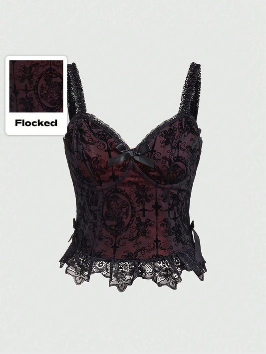 ROMWE Goth Camisola De Malla De Encaje Gótico Con Estampado Cruzado Para Mujer