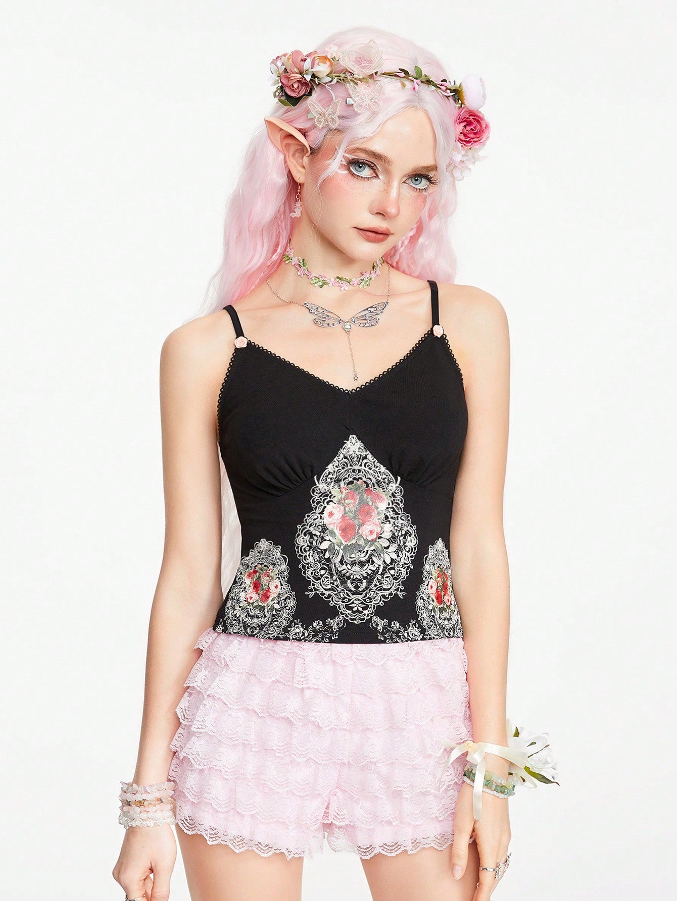 ROMWE Goth Camisola ajustada de mujer con impresión de encaje de textura de pintura al óleo artística de estilo palaciego vintage y gentil