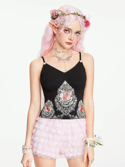 ROMWE Goth Camisola ajustada de mujer con impresión de encaje de textura de pintura al óleo artística de estilo palaciego vintage y gentil