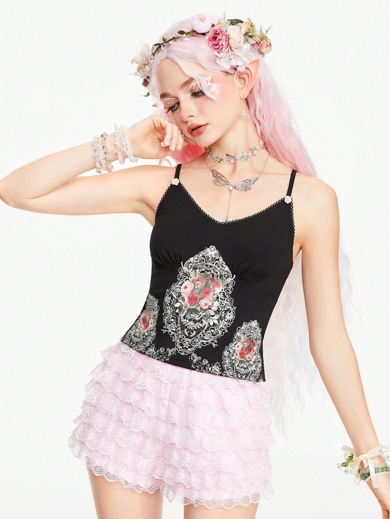 ROMWE Goth Camisola ajustada de mujer con impresión de encaje de textura de pintura al óleo artística de estilo palaciego vintage y gentil