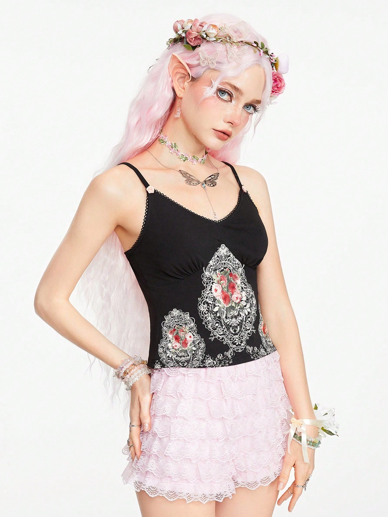 ROMWE Goth Camisola ajustada de mujer con impresión de encaje de textura de pintura al óleo artística de estilo palaciego vintage y gentil