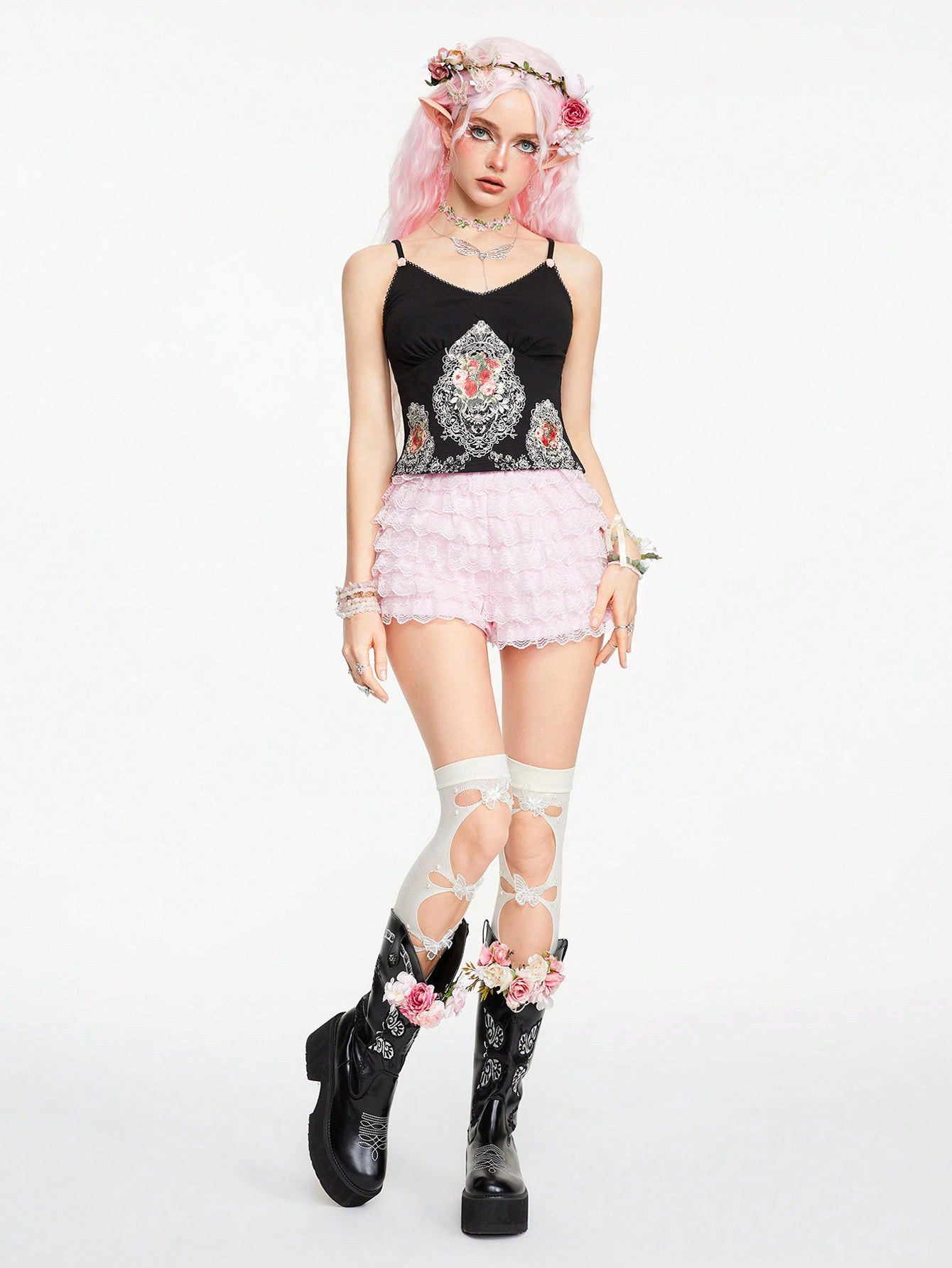 ROMWE Goth Camisola ajustada de mujer con impresión de encaje de textura de pintura al óleo artística de estilo palaciego vintage y gentil
