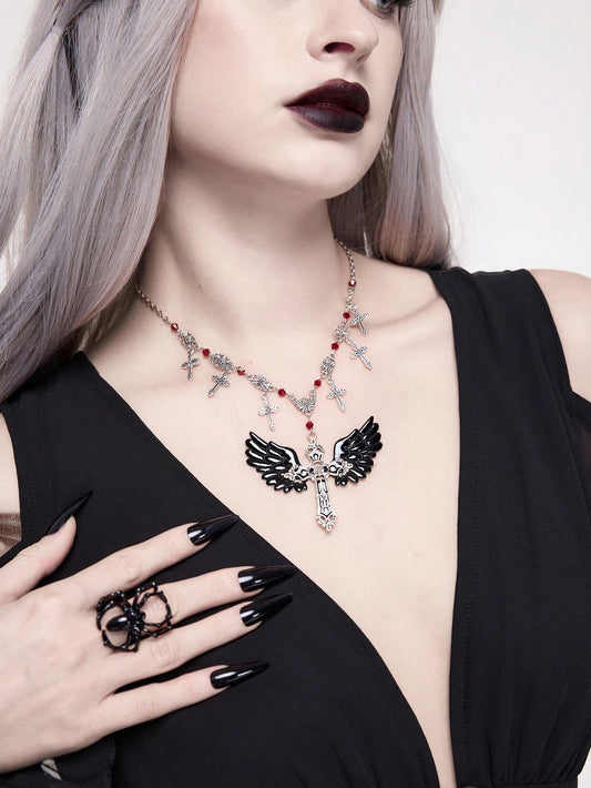 ROMWE Goth Collar con colgante de alas con cristales artificiales y flecos estilo gótico vintage de la cruz para mujeres