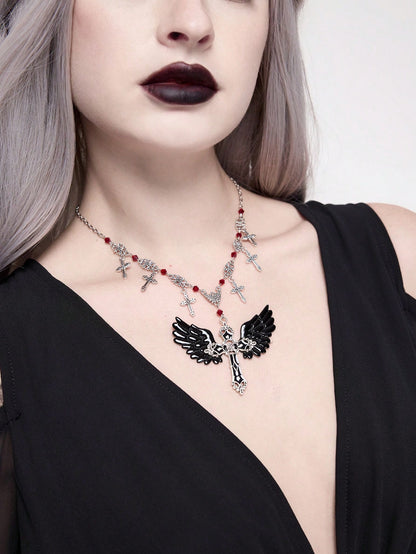 ROMWE Goth Collar con colgante de alas con cristales artificiales y flecos estilo gótico vintage de la cruz para mujeres