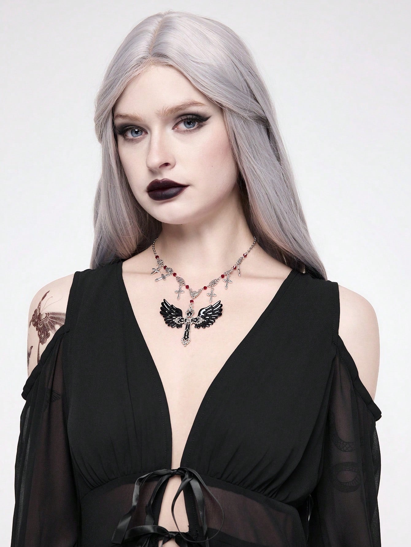 ROMWE Goth Collar con colgante de alas con cristales artificiales y flecos estilo gótico vintage de la cruz para mujeres