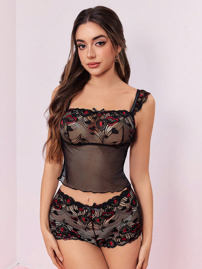 ROMWE Goth Conjunto de lencería sexy con encaje en forma de corazón, malla y parches sin mangas