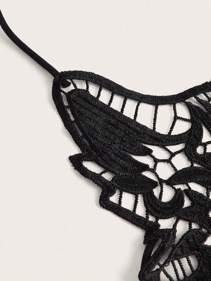 ROMWE Goth Conjunto de lencería sexy con encaje sin aro y cordones de la dark web