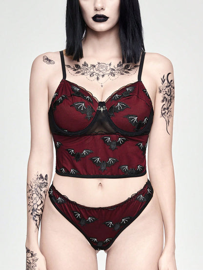 ROMWE Goth Conjunto de ropa interior con decoración de murciélagos oscuros góticos y aros para el sostén