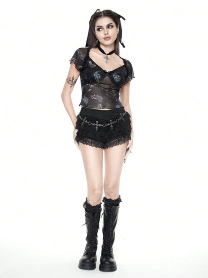 ROMWE Goth Conjunto de verano para playa, concierto o festival: Blusa de malla transparente con cuello cuadrado, mangas cortas, estampado floral, volantes y lazo - Atuendo gótico