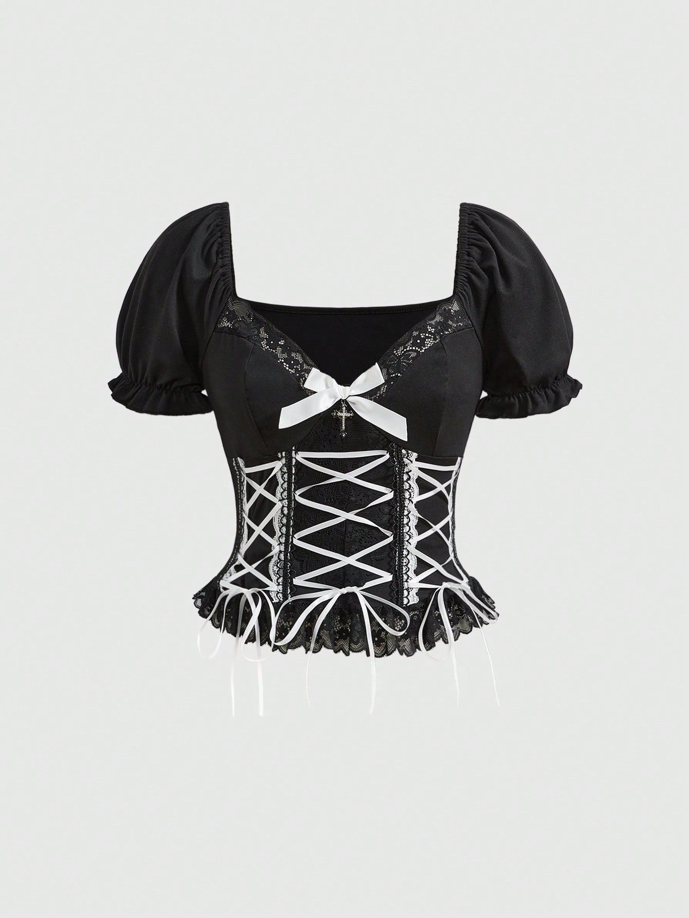 ROMWE Goth Corset superior de camiseta ajustada con lazo, parche de cruz, ribete de encaje y mangas abullonadas, estilo gótico