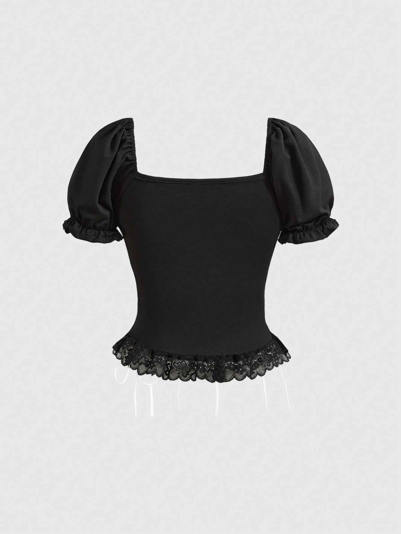 ROMWE Goth Corset superior de camiseta ajustada con lazo, parche de cruz, ribete de encaje y mangas abullonadas, estilo gótico